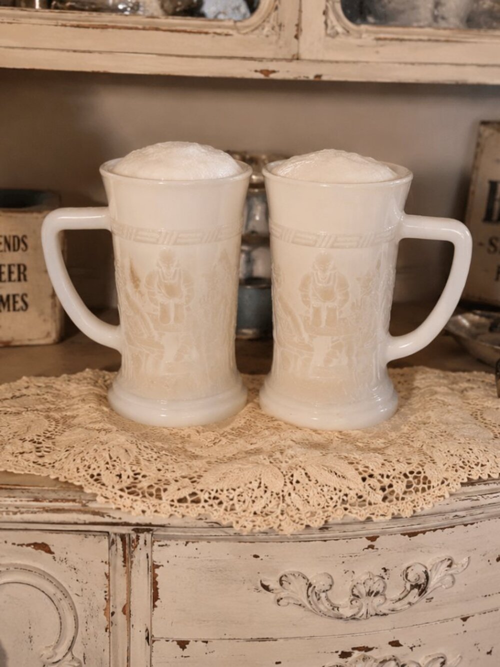 White Embossed Vintage Milk Glass Mugs/Steins - Set of 2 6 inch